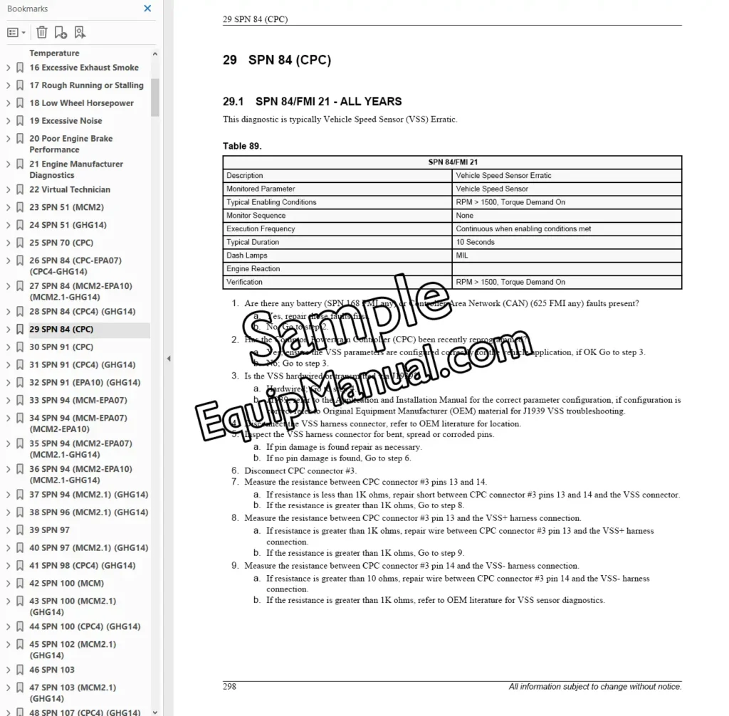 Detroit DD13 DD15 DD16 troubleshooting manual sample page